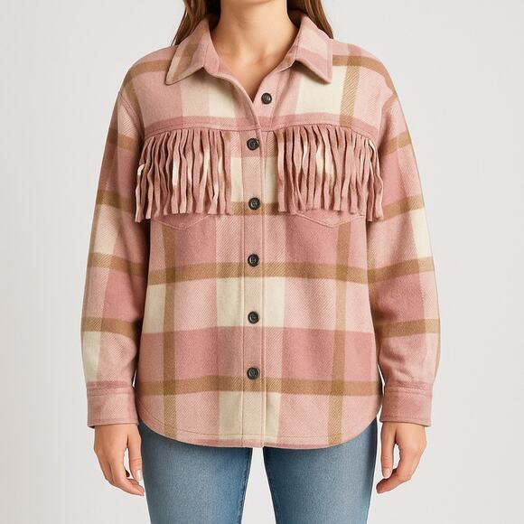 Umgee Fringe Plaid Shacket L Pink Oversized Button Front Western Boho NWT Gift - Picture 1 of 8